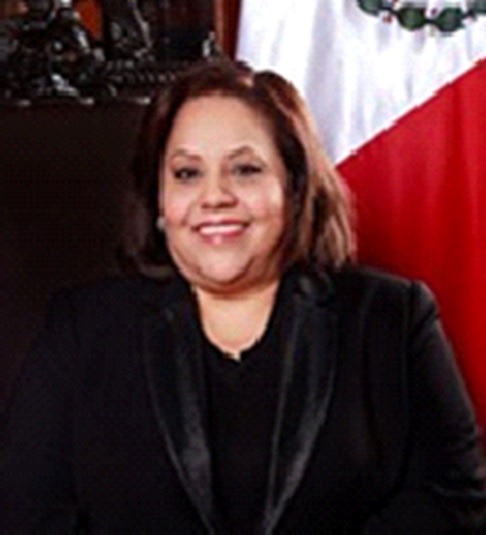 En esta imagen se observa a una mujer , ella es María Sara Camelia Chilaca Martinez, quien se muestra de pie y sonriente, de fondo tiene una bandera de México. María Sara ha dedicado su vida a proteger los derechos de los niños y niñas. Como Diputada local, impulsó programas de protección infantil y promovió políticas educativas inclusivas, luchando por la igualdad de género.