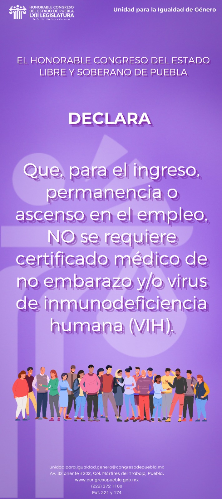 Que para el ingreso, permanencia o ascenso en el empleo, NO se requiere: Certificado Médico de No Embarazo y/o Virus de Inmunodeficiencia Humana (VIH).