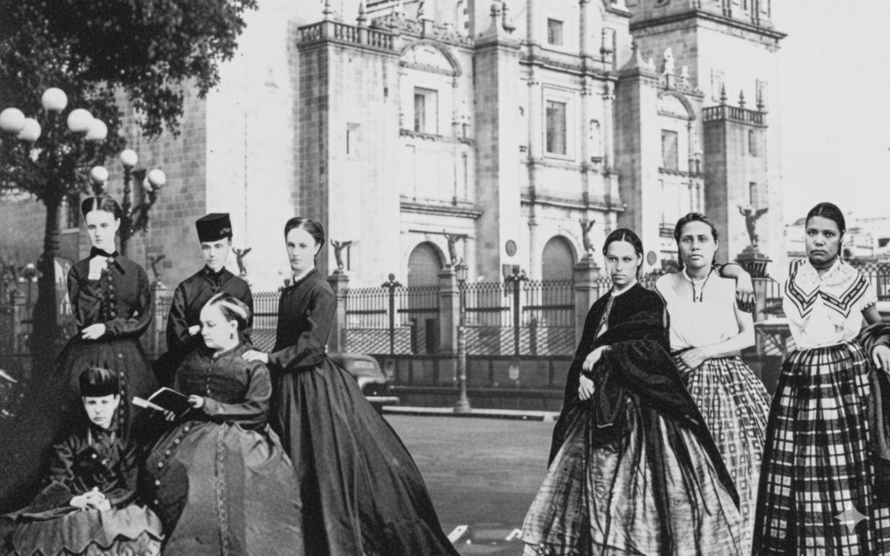 La imagen es una fotografía histórica en blanco y negro que presenta a un grupo de nueve mujeres posando en lo que parece ser un entorno urbano al aire libre, con un edificio de arquitectura colonial que evoca una iglesia visible en el fondo.Ellas son  María, Lidia, Guadalupe, Francisca y muchas otras, las chinacas. Invisibles en la historia oficial, su contribución fue esencial durante la Batalla del 5 de Mayo. Lucharon junto a los hombres y asumieron roles fundamentales, desafiando los estereotipos de su época